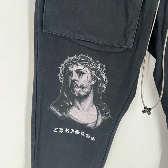 Christos New York Jesus Print Cargo Drawstring Black Jogger Trouser Pants